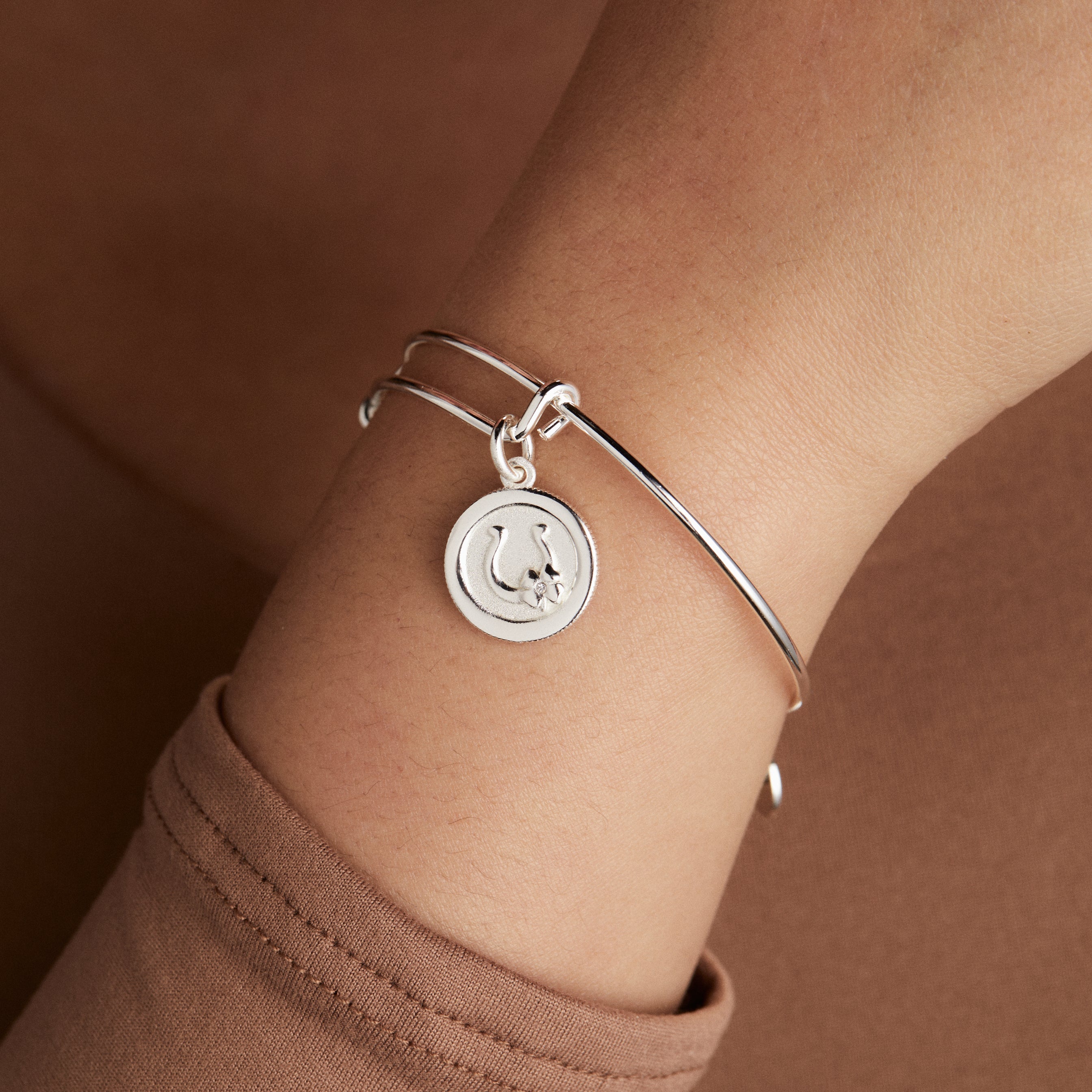 Horseshoe + Clover Charm Bangle Bracelet